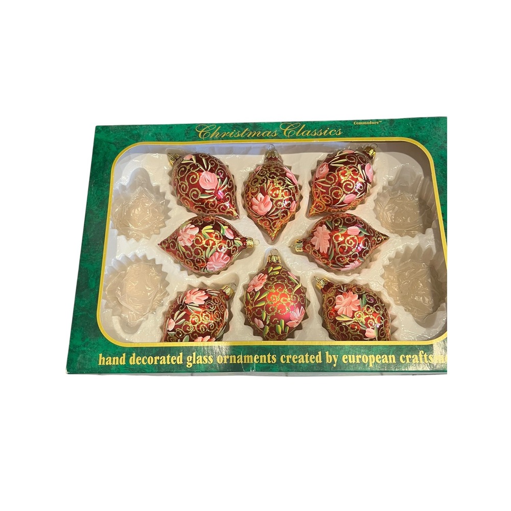 Commodore Christmas Classics 8pc Glass Ornaments Red Gold Pink Hand Painted